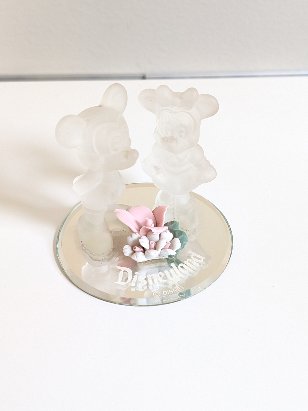 Disney Frosted Mickey & Minnie Duo on Mirrored Base with Pink Flower